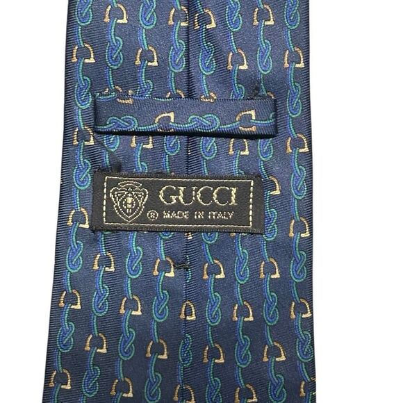 Gucci Mens Navy Blue Printed Silk Designer Neck Tie Pointed Adjustable Italy - Picture 10 of 14